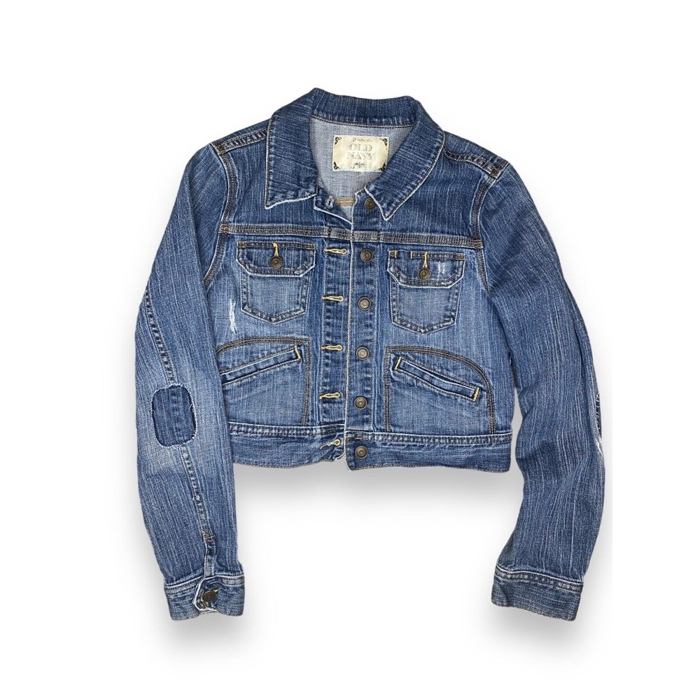 Old Navy Distressed Cropped Denim Jacket with back sequin Earth Jupiter Design